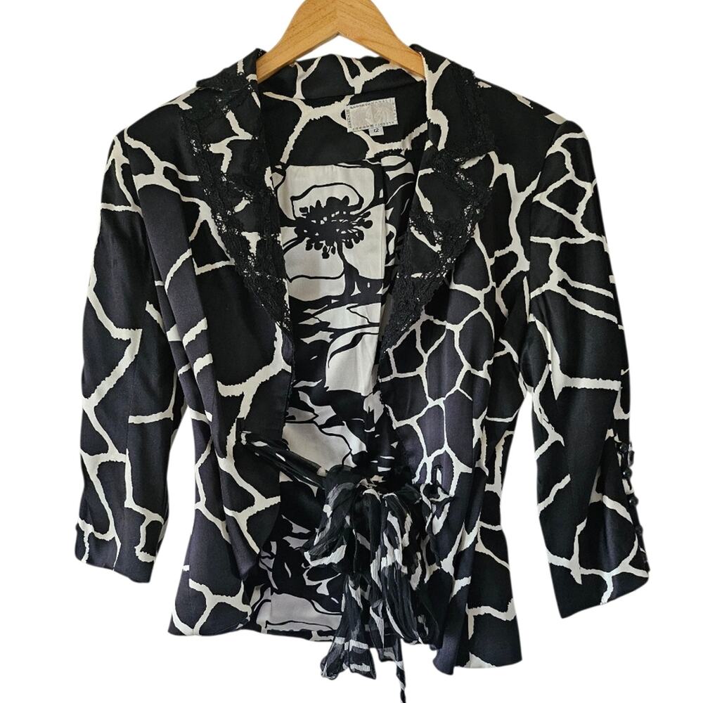 Alberto Makali 100% Silk Black White Zebra Giraffe Print Tie Front Blazer, Sz 12